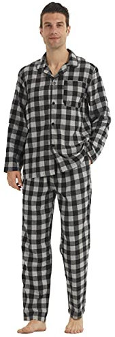 YUSHOW Ensembles de Pyjama Homme à Carreaux Coton Vêtements de Nuit Manche Longue Haut et Bas, Plaid Gris Noir,L