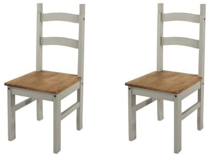 Home Source Solid Pine Wood Pair of Dining Chairs, Kitchen Dining Furniture, Waxed Finish, Grey