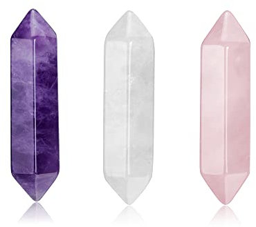 CrystalTears Healing Crystal Wands Hexagonal Natural Amethyst Rose Quartz Clear Quartz Reiki Healing Crystals Points Gemstone Wand Set for Meditation Crystal Therapy Healing Crystals Gift