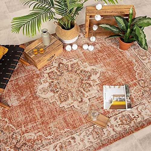 FRAAI | Home & Living Teppich Vintage - Spring Medaillon Terracotta Creme - Polypropylen - Kurzflor - Vintage - Boho, Orientalisch - Wohnzimmer, Esszimmer, Schlafzimmer - Carpet