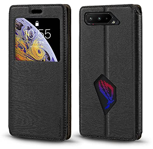 PU Leder Flip Hülle mit Unsichtbarem Magnet und Sichtfenster Kompatibel mit Asus ROG Phone 5 I005DA I005DB, Smarte Klapphülle mit Displaysicht (Schwarz)