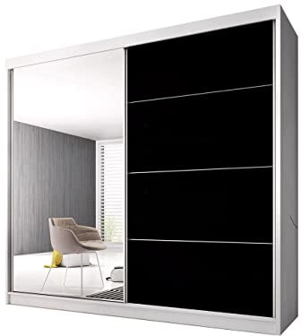 Fabryka Mebli Idźczak Kleiderschrank mit Spiegel, Wohnzimmerschrank - Schwarz, Weiß Schwebetürenschrank, Schlafzimmerschrank - 61 x 233 x 218 cm - Schrank für Schlafzimmer, Wohnzimmer, Garderobe