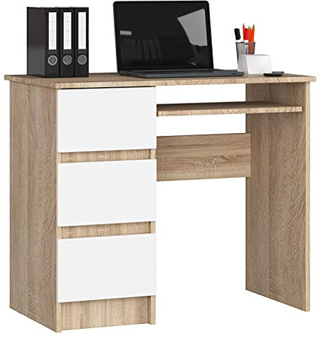 AKORD Schreibtisch A6 90 cm | 3 Schubladen Links | Schreibtisch | Bürotisch | Computertisch | Arbeitstisch | Laptoptisch | Bürmöbel | B90 x H77 x T50 cm | Gewicht 29,95 kg | Sonoma Eiche/Weiß