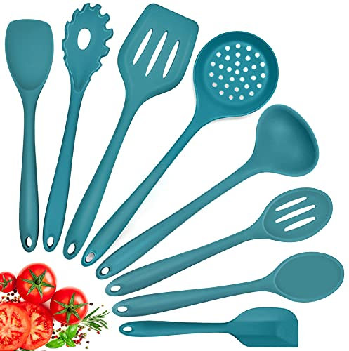 Herogo Lot de 8 ustensiles de cuisine en silicone antiadhésifs résistants à la chaleur avec spatule en silicone, cuillère, spatule, louche - Bleu