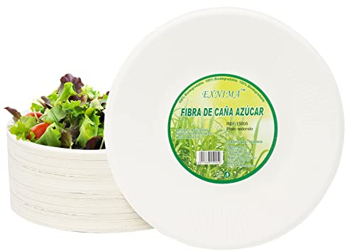 EXNIMA, Pack 50, 100, 200, 500 o 1.000 Platos Desechables Biodegradables, Hechos de Fibra de Caña de Azúcar, Natural, 100% Biodegradable, Redondo, Planos, para Comidas, Barbacoa, Fiestas, Cumpleaños.