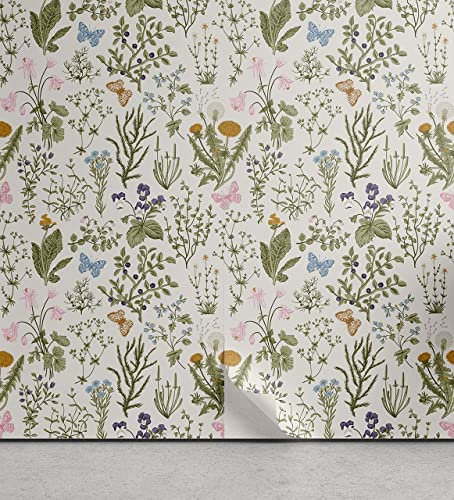 ABAKUHAUS Blumen abziehbare & klebbare Tapete für Zuhause, Vintage Garden Plants, selbstklebendes Wohnzimmer Küchenakzent, 33 cm x 250 cm, Reseda Grün Beige
