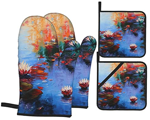 4-teiliges Set Ofenhandschuhe und Topflappen-Sets, Ofenhandschuhe mit Lotus-Malmuster, Dicke Küchenhandschuhe zum Kochen, Backen, Grillen und Grillen