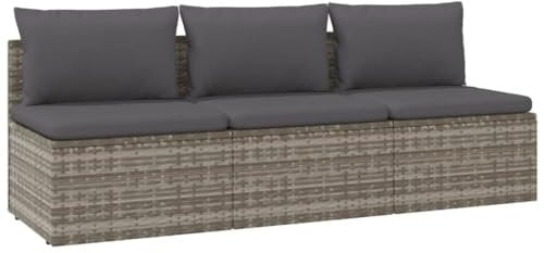 vidaXL Gartensofa 3-Sitzer mit Kissen Sofa Mittelsofa Couch Gartenmöbel Rattanmöbel Garten Lounge Terrasse Balkon Stauraum Grau Poly Rattan