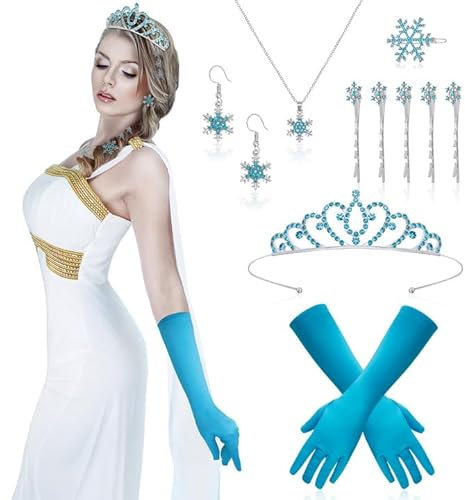 HOWAF ELSA Kostüm Damen Mädchen, Prinzessin Krone ELSA Krone ELSA Handschuhe Schneeflocken Haarschmuck Haarspangen Schneeflocken Ohrringe Kette Prinzessin Kostüm Frozen Kostüm für Fasching Karneval