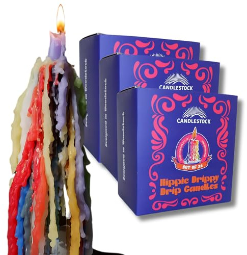 Candlestock Tropfkerzen im Hippie-Stil – Packung mit 66 tropfenden Spitzkerzen – Weinflaschen-Schmelzkerze (6 von jeder Farbe)