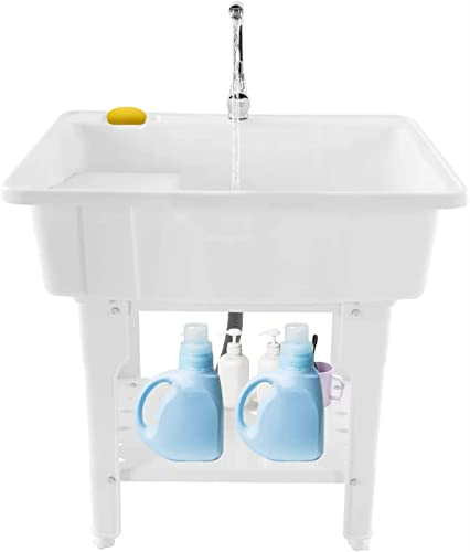 Fregadero De PláStico para Ropa con Tabla De Lavar, Fregadero Utilitario para Ahorrar Espacio, Lavabo Utilitario para Interiores Y Exteriores con Grifo De Agua FríA Y Caliente