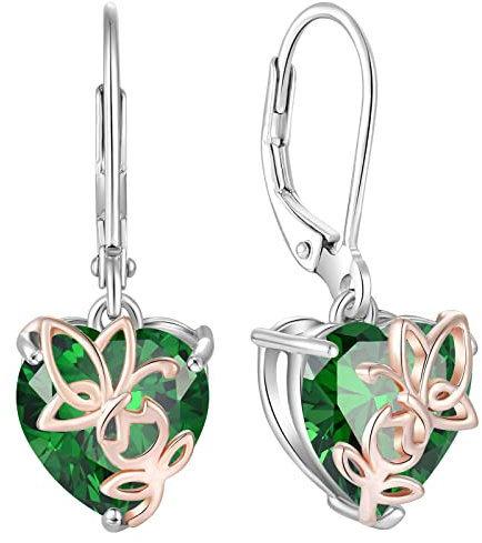 YL Orecchini Rosa Farfalla Cuore in argento 925 con Orecchini da donna con pietra portafortuna Smeraldo