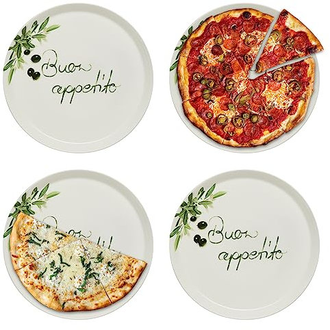 KHG 4er set Pizzateller, extra groß mit 30cm Durchmesser in Buono appetito Print, perfekt für Gastro und Zuhause, hochwertiges Porzellan, Spühlmaschinengeeignet & perfekt Stapelbar