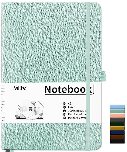 Mlife Notizbuch liniert A5,Journal Buch mit 200 Seiten,Premium 100gsm Tintenfestes Papie Dickes,PU Hard Cover Notebook,Innentasche,Elastisch Gebändert,bullet journal & Notizblock Hardcover(Blaugrün)