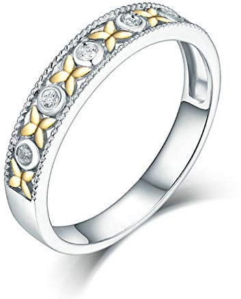 Lieson Trauringe Weißgold 750 18K, Eheringe für Paare Blume 0.05ct Diamant Verlobung Ring Weißgold Gr.56 (17.8)