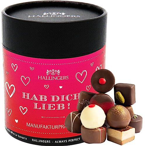Hallingers Hab Dich lieb XXL - Valentinstag Manufaktur Pralinen Geschenk handgemacht ohne Alkohol aus Edelkakao Schokolade (Dose) - Geschenkideen Weihnachten & Geschenke Adventskalender | Danke Jahres