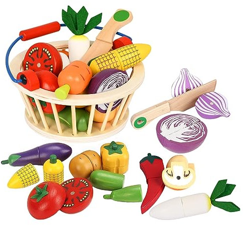Smartwo Dinette Enfant Legumes en Bois, Legumes Magnétiques à Découper, Aliments Jouet, Accessoire Cuisine Marchande pour Bebe, Panier Fruit et Legume Couper Jeux, Cadeau Fille Garcon 2 3 4 Ans