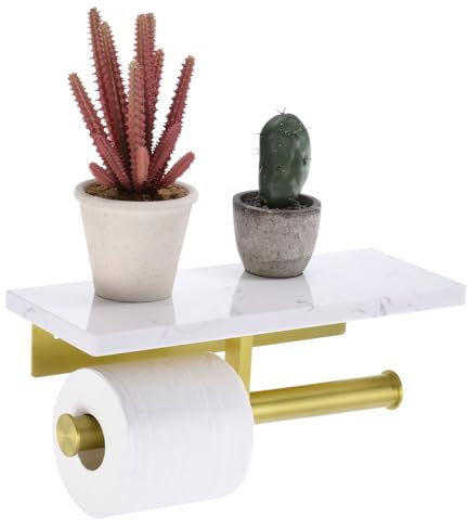 sourcing map Toilet Paper Holder with Marble Shelf, SUS304 Stainless Steel Wall Mounted Toilet Paper Holder Tissue Roll Holder for Bathroom Washroom(Black)(Gold Double)