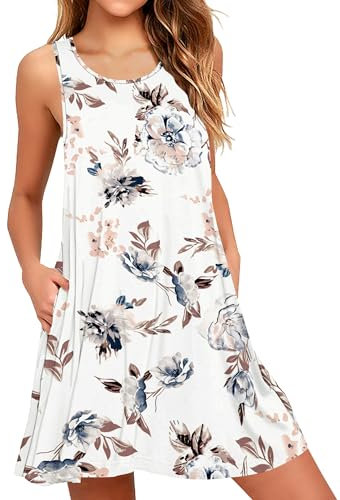 AUSELILY Kleider Damen Sommerkleid Rundhals A Linie Freizeitkleid ärmellose Loose Knielang mit Taschen Weiße Blumen XL