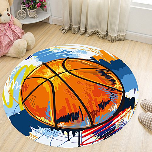 Orange Blau Basketball Teppich - Rund, Soft, Non-Slip - Badezimmer, Wohnzimmer, Schlafzimmer, Kinderzimmer - Waschbar - 120