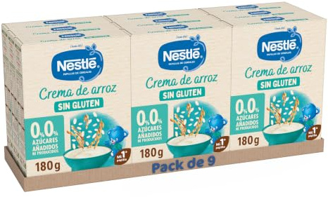 Nestlé Papilla Crema de Arroz 0%0% Azúcares Sin Gluten +6 meses Pack 9x180g | Pack de papillas crema de arroz sin azúcar añadido ni producido, desde 6 meses, sin gluten, ideal como primera papilla
