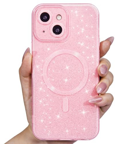 Svanove Glitter Case for iPhone 14 Phone Case Magnetic Compatible with Magsafe, Sparkle Bling Shiny Cute Girly Design, Aesthetic Slim Soft TPU Mag Cover for Women Girl, Light Pink