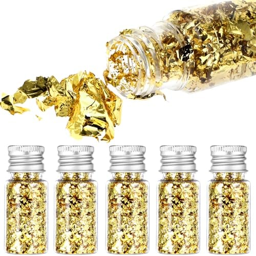 5 Stück Blattgold essbar Goldfolie Flocken Goldfolie Papier Blattgold Blattgold Imitation Dekoration Multifunktions Dekorfolienpapier Für Vergoldung Malerei Küche Mousse Kuchen Handwerk Nägel Und DIY