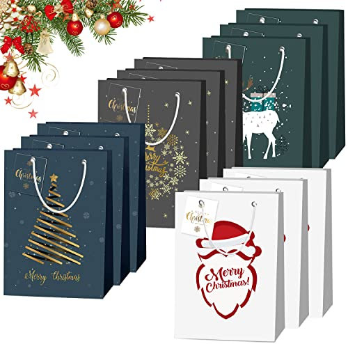 ZQEJEFD 12 Stück XXL Weihnachten Geschenktüten Weihnachten Geschenktüten für Geschenke Groß Papiertüten Weihnachtstüten mit Henkel Geschenktüte mit Weihnachtsmotiv