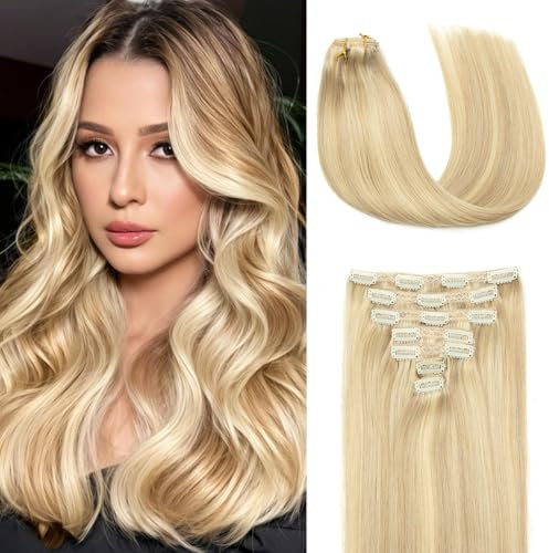 AGMITY Clip in Extensions Echthaar Aschblond mit Bleichblond 45cm 7 Stück 120g 100% Echthaar Unsichtbar Gerade Glatt Nahtlos Clip in Haarverlängerungen Remy Echthaar (45cm #P18/613)