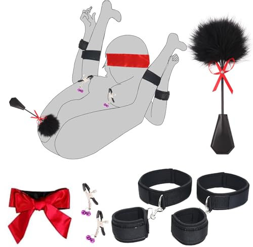 BDSM Sex Bondage Fesseln Set Sexspielzeug für die Paare, Bondage-Sets Handschellen Fußfesseln mit Feder Kitzler Peitsche, Nippelklammern und Augenbinde Erotik Sex Toys für Bett