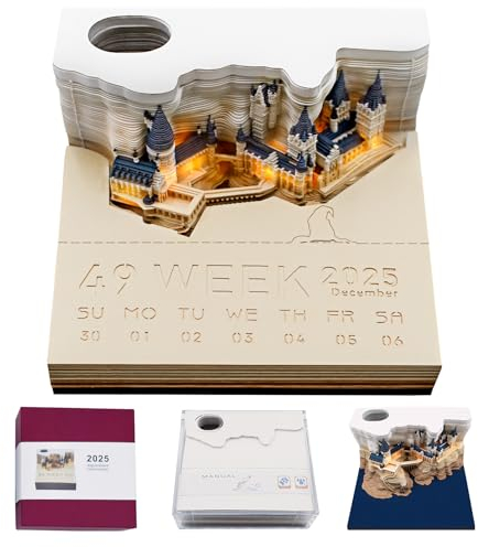 3D Kalender 2025,3D-Notizblock,Tränenpapierkalender 2025, 3D-Papierskulptur Magic Castle Wochenkalender,kreativer Notizblock mit Lampe und Stifthalter,DIY Arbeitsplattendekorationen