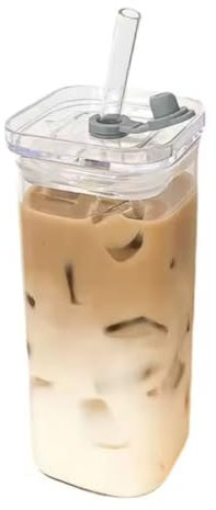 Square Glass Drinking Cup with Glass Straw and Plastic Lid - 400ml Reusable Iced Coffee Mug for Smoothies, Juice, and Tea - Eco-Friendly Tumbler for Home, Office, and Travel
