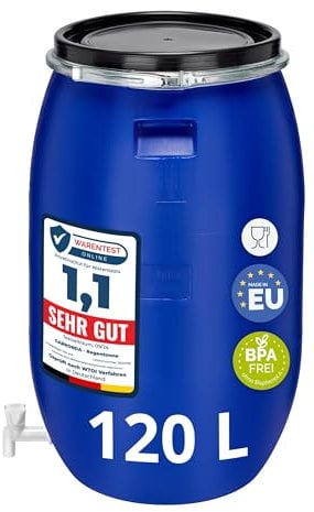 Garronda 120 Liter Regentonne mit Deckel mit Hahn Weithalsfass aus HDPE Regenfass für Garten Fass Regenwassertonne Futtertonne Wasserbehälter Universalfass Wasserfass Regentonnen Wassertank GD-0091