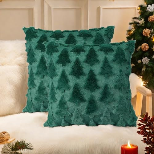 GADITIEK 45x45cm Kissenbezug Weihnachten, 2er Set Weicher Plüsch Weiß Schneeflocken Kopfkissenbezug Kissenhülle, Christmas Decorations Winter Kissenbezug, Weihnachtsdeko Innen (grüner Weihnachtsbaum)