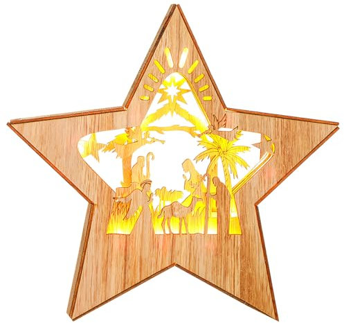 Weihnachtsdeko LED Dekoleuchte Stern aus Holz 22 cm, LED Weihnachtsstern Beleuchtung Warmweiß Weihnachtsschmuck Weihnachtsdekoration, LED Weihnachtsbeleuchtung Stern Weihnachtsdeko Innen (A)
