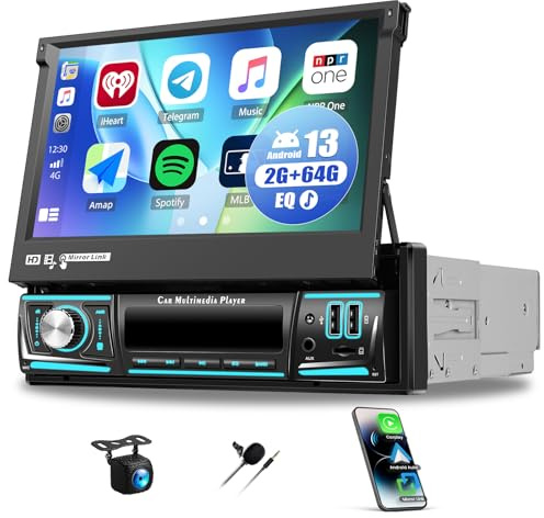 OiLiehu 2+64G Android 13 Single Din Touchscreen Car Stereo with Wireless CarPlay Android Auto, 7'' Flip Out Car Screen with WiFi Bluetooth GPS Mirror Link FM RDS EQ AUX-IN TF-Port SWC + Backup Camera