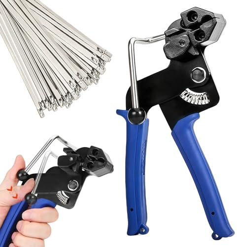 WANDGU 100 fascette stringicavo in acciaio inox e pistola per fascette metalliche, pinza per fascette con funzione di tensionamento e taglio automatico, fascette stringicavo in metallo da 4,6 x 300