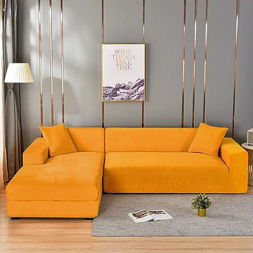 Sofabezug aus Samtstoff, universelle modulare elastische Abdeckung für Wohnzimmer, linke und rechte Chaiselongue, Gold, 2-Sitzer + Chaiselongue 2-Sitzer