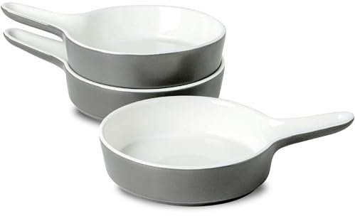 UIBFCWN Lot de 3 Petits Plats à Gratin en Céramique, Plats à Four Ronds avec Poignées pour Tiramisu Pâtisseries, Idéal pour 1 personnes, 450ml, Allant au Four et au Micro-ondes, Gris