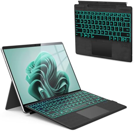 Surface Pro Keyboard, Wireless Type Cover for Microsoft Surface Pro 11/10/9/8/X, 7 Color Backlit Bluetooth Ultra-Slim Portable Magnetic Keyboard with Trackpad, Rechargeable Battery, Windows