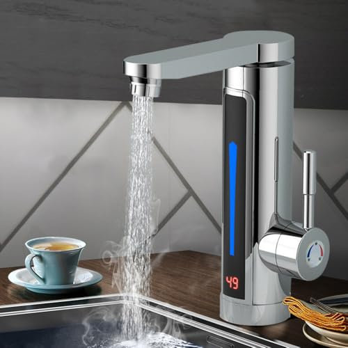 Grifo eléctrico con calentador de agua, 3300 W, IPX4, con indicador de temperatura legible, giratorio 360°, grifo con calentador de agua para cocina, cuarto de baño