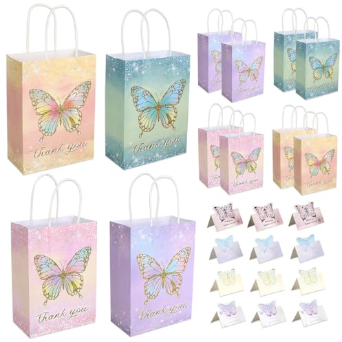 24 Stücke Schmetterling Geschenktüten Kindergeburtstag und Einladungskarte | Tüten Kindergeburtstag, Papiertüten mit Griffen, Geburtstagstüten Kinder für Party, Mitgebsel Tüten für Mädchen Geburtstag