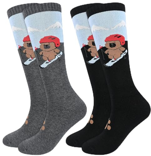ouhos 2 Pairs Kids Boys Girls Thermal Ski Socks Long Knee High Thick Warm Winter Cosy Skiing Snowboarding Walking Sports Socks for Kids Girls Age 7-12