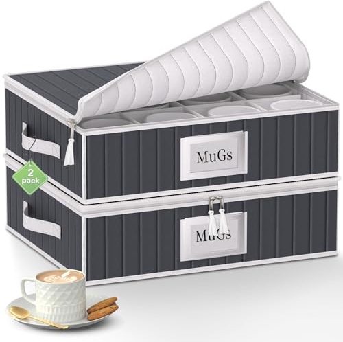 VERONLY Caja de almacenamiento para tazas y tazas con separadores – Juego de 2 unidades con capacidad para 24 vasos, caja organizadora de tazas de café apilable con 2 cremalleras de metal, etiquetas y