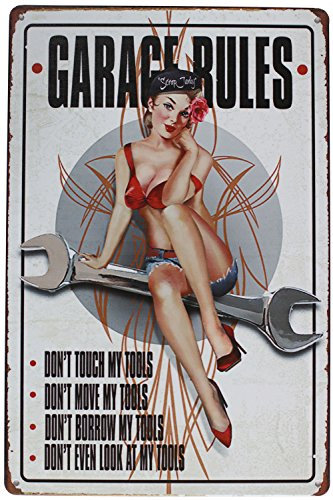 Hioni Garage Rules Pin-up Girl Metal Tin Sign, Vintage Plaque Wall Decor