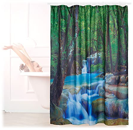 Relaxdays Wasserfall, Naturmotiv-Aufdruck, Badewannenvorhang HxB 200x180 cm, bunt Duschvorhang Polyester Waschbar Anti-Schimmel Badezimmer Vorhang, Standard