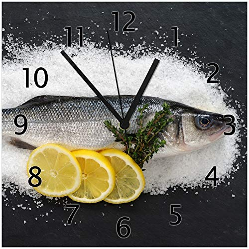 Wallario Design-Wanduhr Fischmenü - Frischer Fisch auf Salz mit Zitronen aus Glas, Motiv-Uhr Größe 30 x 30 cm, Schwarze Zeiger
