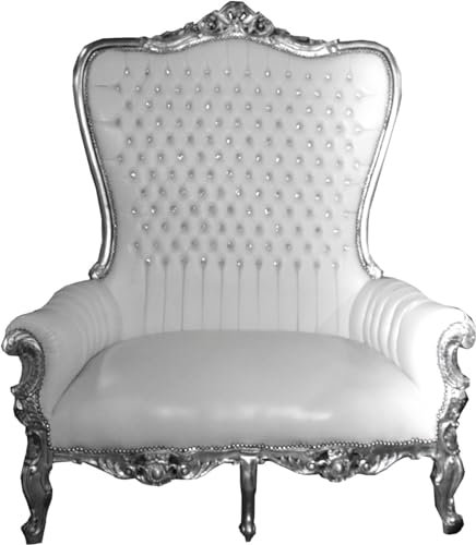 Casa Padrino Barock Doppel Thron Sessel Majestic Weiß/Silber mit Bling Bling Glitzersteinen - Riesensessel - Thron Stuhl Tron Sofa