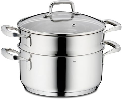 kela Universal-Dünster Flavoria, 3-teilig, Durchmesser 20 cm, 2,4 L, Edelstahl 18/10, Allherdboden, Glasdeckel mit Dampfloch, hitzebeständig bis 180° C mit Deckel, bis 220° C ohne Deckel, 10190
