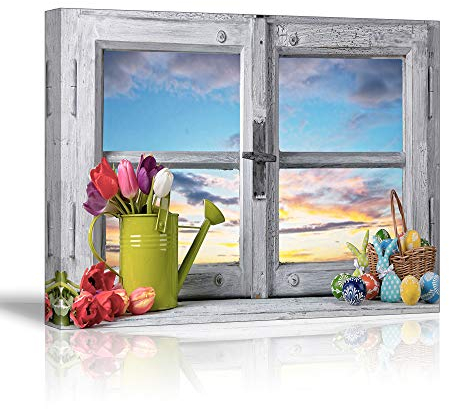 Piy Painting Bilder Leinwandbild Fotoleinwand Schöne Holzfenster Kunstdrucke auf Leinwand Elegante Tulpen Blume Malerei Home Deko für Wohnzimmer Studierzimmer zu Neujahr Präsent 30x40cm
